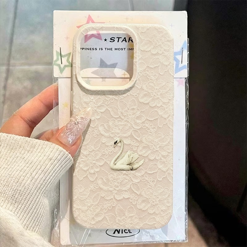 Phone Cases For Iphone 12 Pro Max - Lace Swan Pattern Lychee Texture Phone